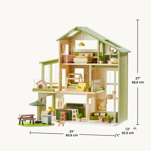 Wooden dollhouse with furniture and measurements on a white background