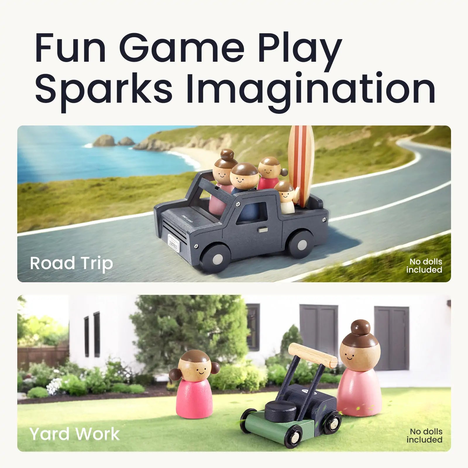 Toy car with figurines on a road trip and yard work scenario with text 'Fun Game Play Sparks Imagination'.