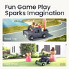 Toy car with figurines on a road trip and yard work scenario with text 'Fun Game Play Sparks Imagination'.