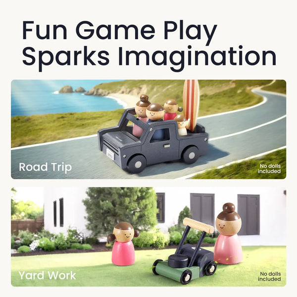 Toy car with figurines on a road trip and yard work scenario with text 'Fun Game Play Sparks Imagination'.