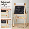 Wooden adjustable height easel with blackboard and paper roll, showing measurements.