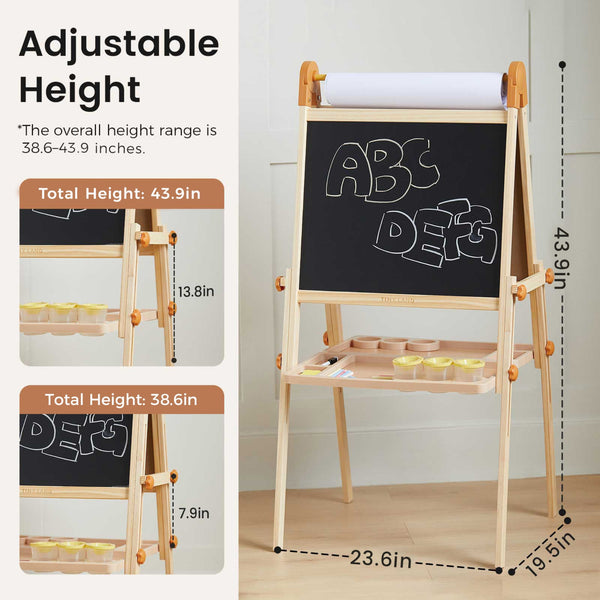 Wooden adjustable height easel with blackboard and paper roll, showing measurements.