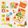 Collection of wooden educational toys including shape sorting boards and cards on a white background.