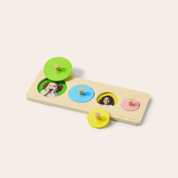 Wooden toy with colorful circular discs on a white background