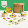 Montessori educational toys and materials on a white surface with a green background