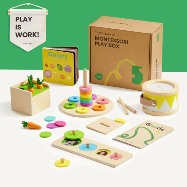 Montessori educational toys and materials on a white surface with a green background