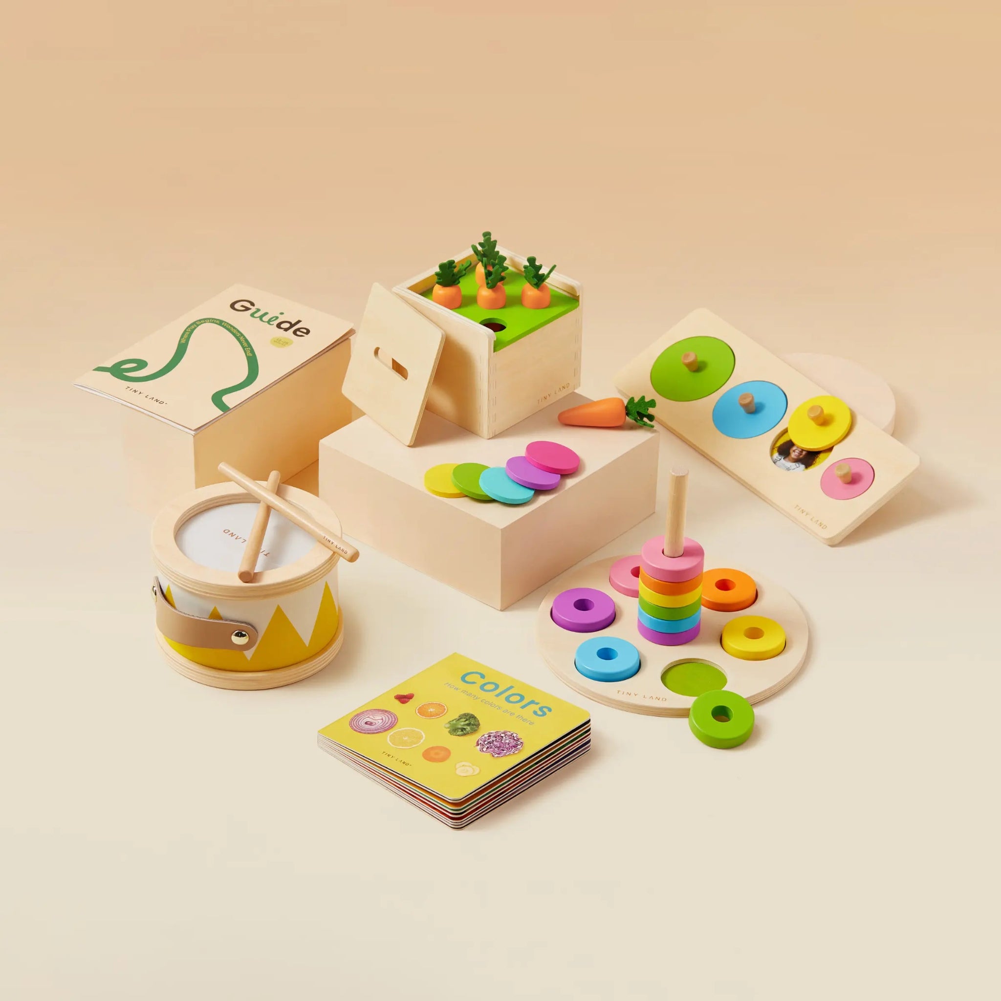 Collection of wooden educational toys on a beige background
