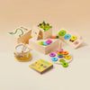 Set of wooden educational toys on a beige background
