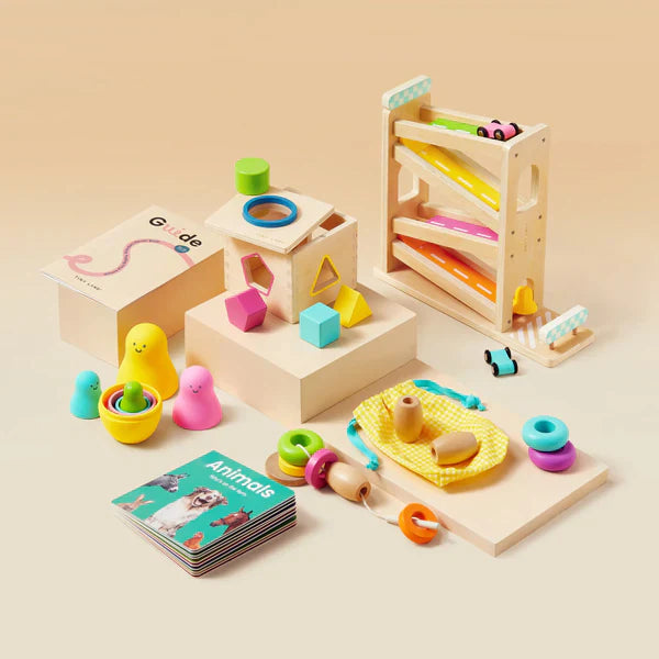 Collection of wooden toys with colorful shapes and a book on a beige background