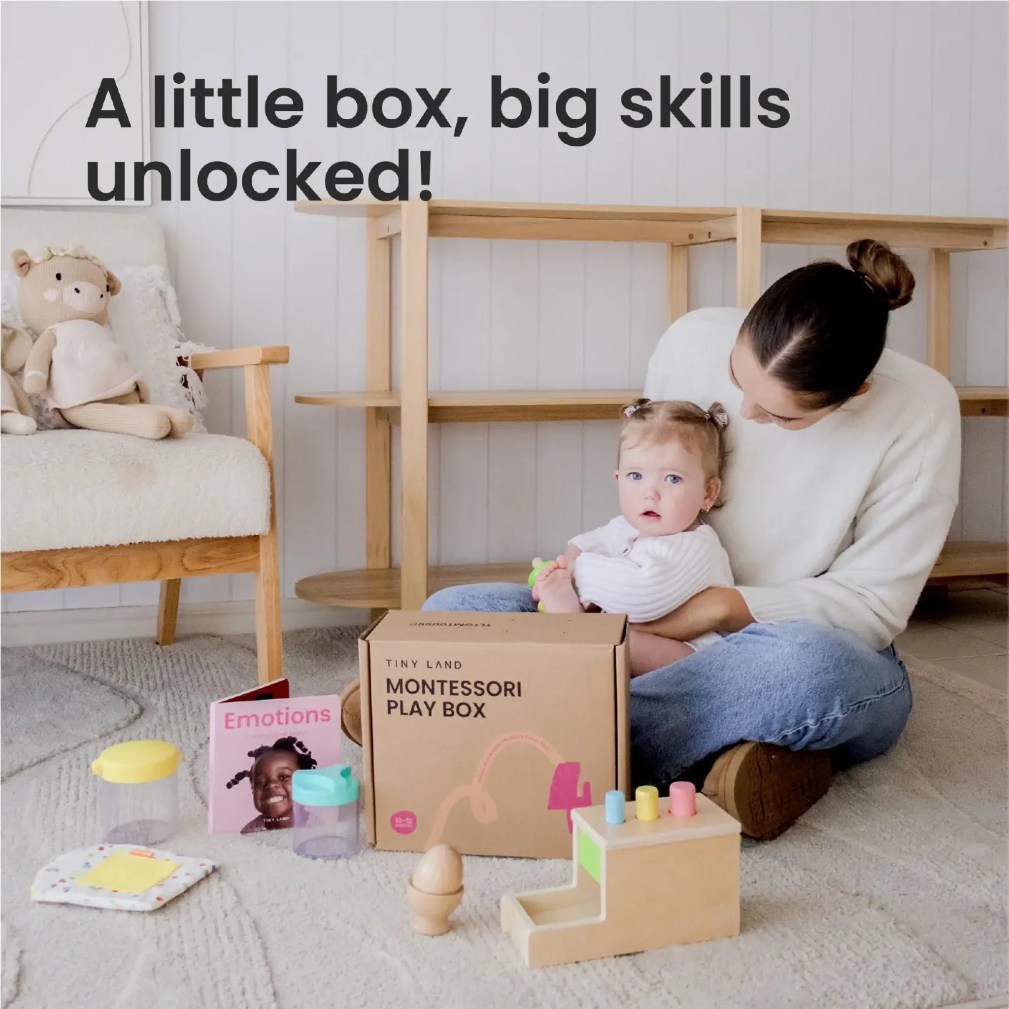 Woman and child with a Montessori play box and toys in a home setting