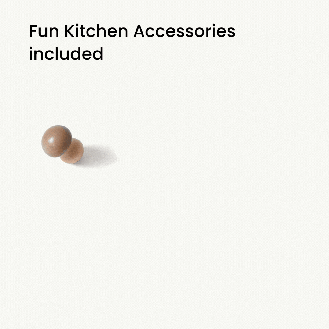 Animated view of the Tiny Land Honey wooden play kitchen for toddlers