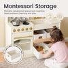 Children's play kitchen set with storage drawers and a child interacting with it, labeled 'Montessori Storage'.