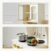 Collage of kitchen cabinets and stove with utensils and pots.