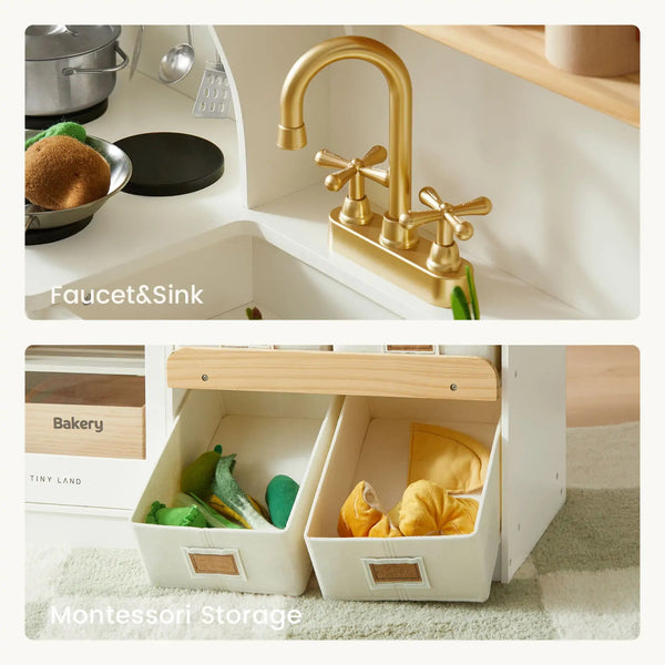 Collage of a kitchen faucet and sink with Montessori storage bins.