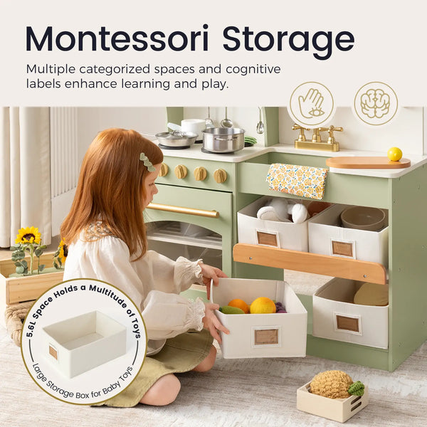Montessori toy kitchen set with storage boxes and a child playing with it.