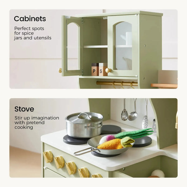 A children's play kitchen shown in two inset scenes with text callouts. The top panel shows a sage green cabinet with glass doors and small toy containers inside.