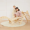 Close-up of Tiny Land® play cushion with reinforced corner ties and breathable cotton cover beneath Montessori climbing set