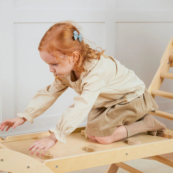 Tiny Land® 7-in-1 Pikler Triangle all configurations shown — sustainable kids climbing toy with padded safety cushion