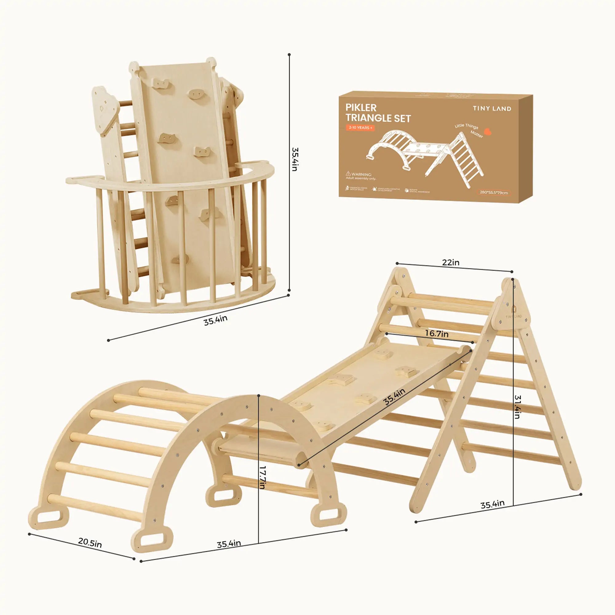Wooden climbing set with dimensions and packaging on a white background