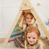 Two children playing inside a wooden climbing toy with 'Tiny Land' branding.