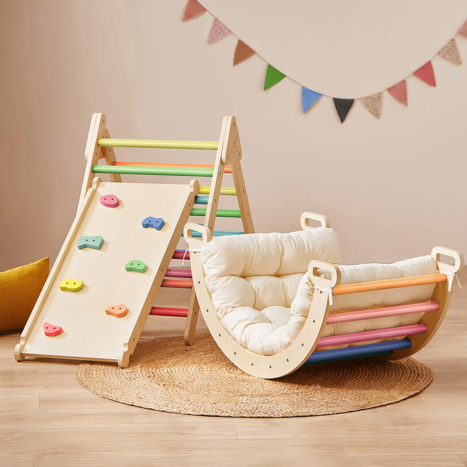 Tiny Land 7-in-1 Rainbow Pikler Triangle climbing set with thick padded play mat for kids