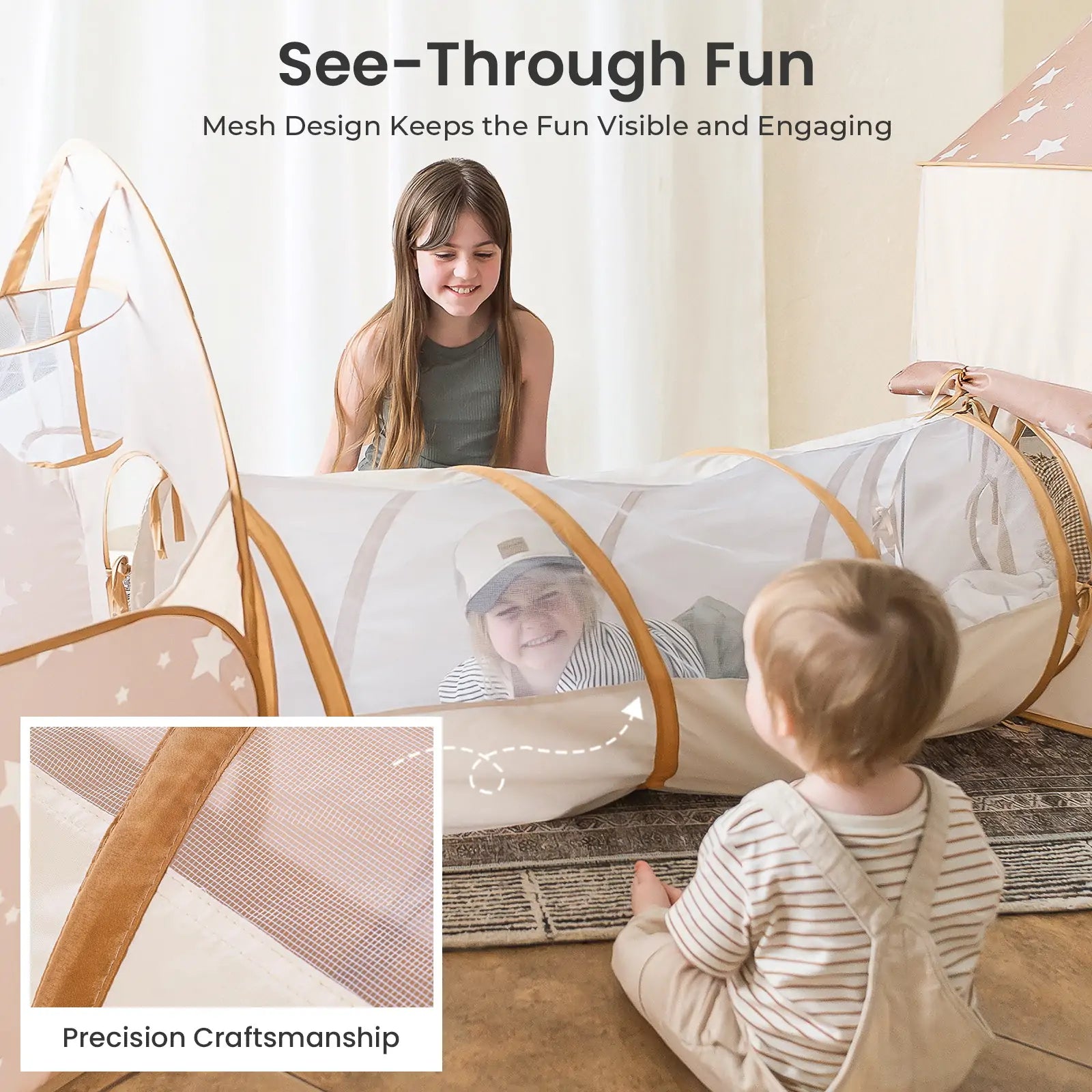 Children playing with a see-through playpen, highlighting mesh design and craftsmanship.