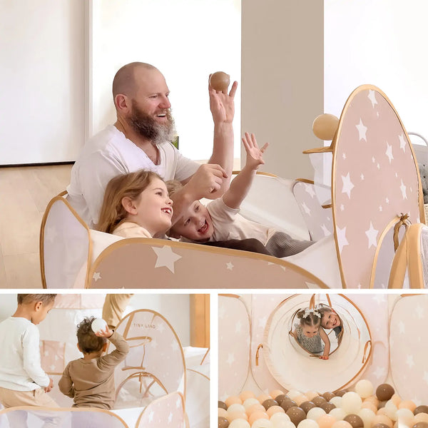 Collage of a father and children playing with a star-patterned crib in a bright room.