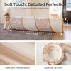 Children's play tunnel with measurements and features highlighted, including soft touch and skin-friendly fabrics.