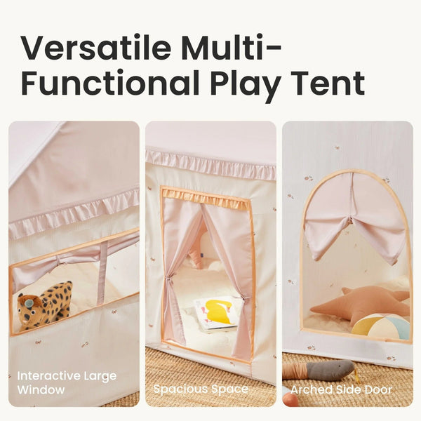 Versatile multi-functional play tent with interactive large window, spacious space, and arched side door.