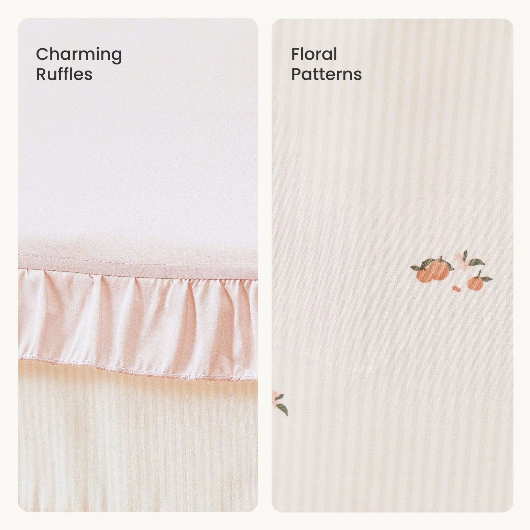 Crib sheet with ruffles and floral pattern on a white background