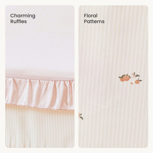 Crib sheet with ruffles and floral pattern on a white background