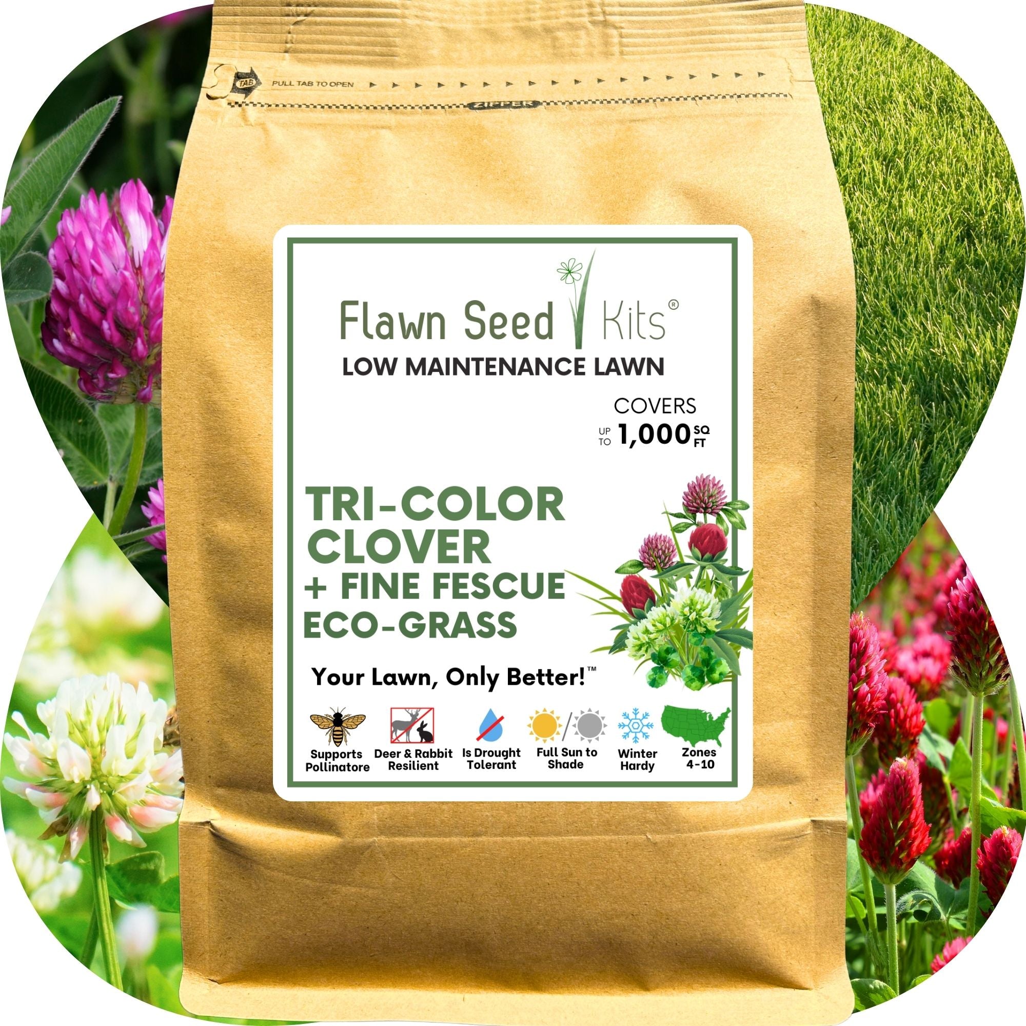 🌿 TRI‑Color Clover + Mow Less Grass Seed – Pollinator‑Friendly Lawn Solution