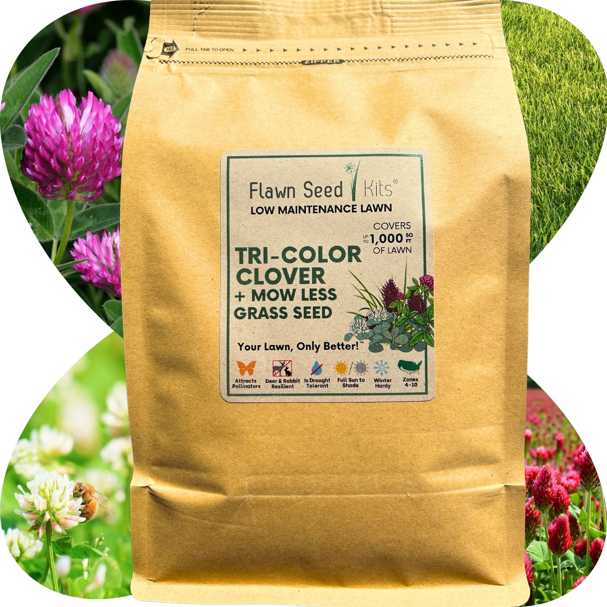 🌿 TRI‑Color Clover + Mow Less Grass Seed – Pollinator‑Friendly Lawn Solution