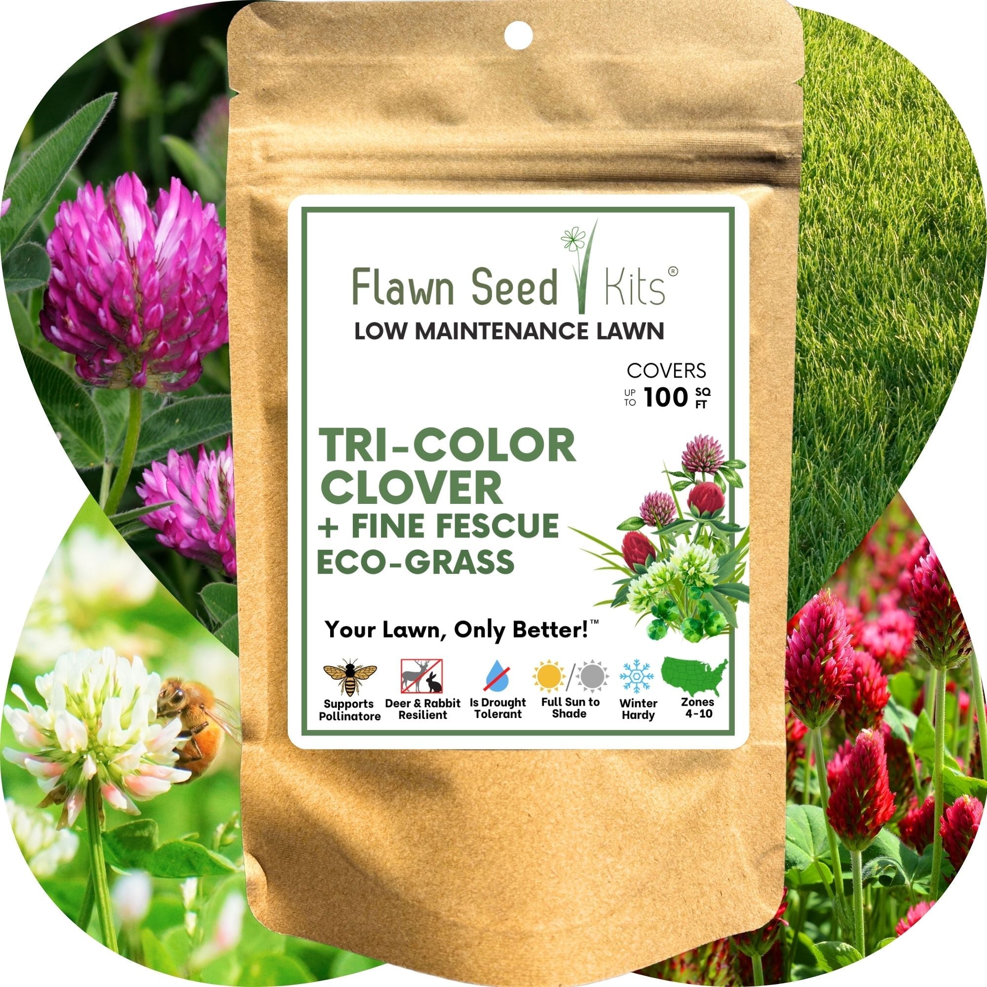 🌿 TRI‑Color Clover + Mow Less Grass Seed – Pollinator‑Friendly Lawn Solution
