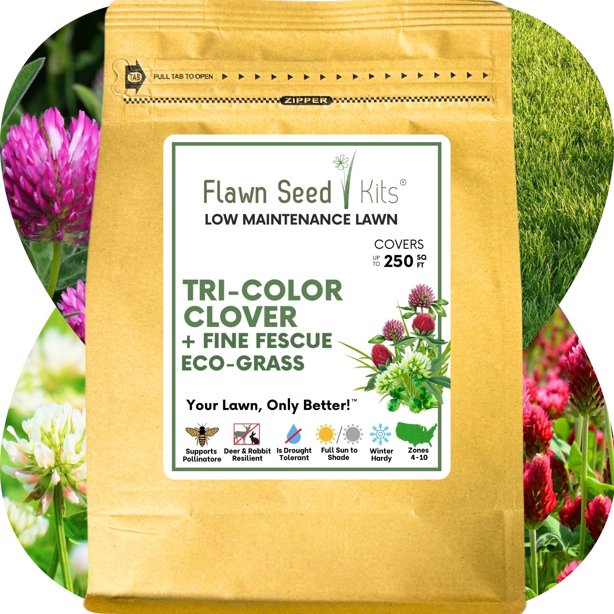 🌿 TRI‑Color Clover + Mow Less Grass Seed – Pollinator‑Friendly Lawn Solution