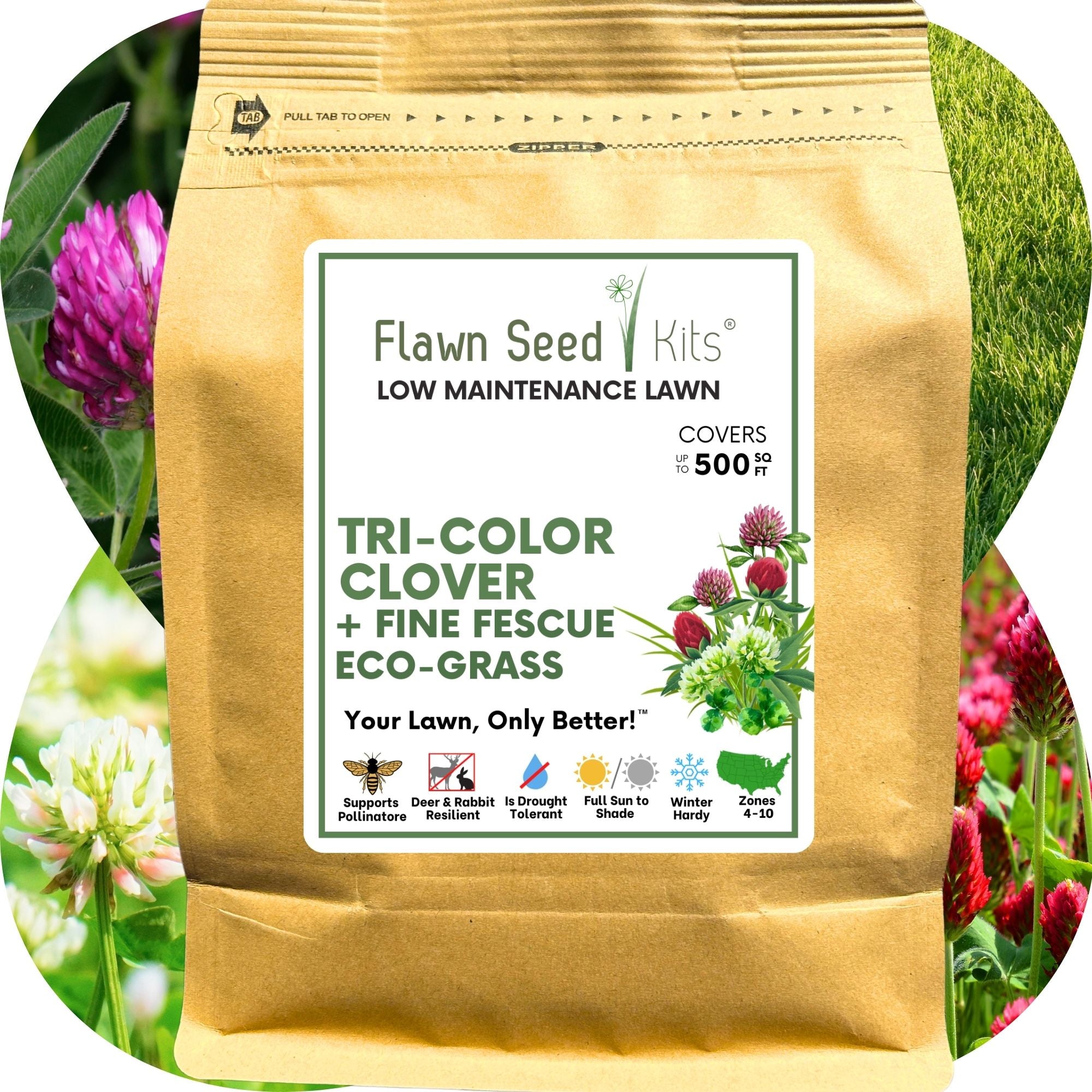 🌿 TRI‑Color Clover + Mow Less Grass Seed – Pollinator‑Friendly Lawn Solution