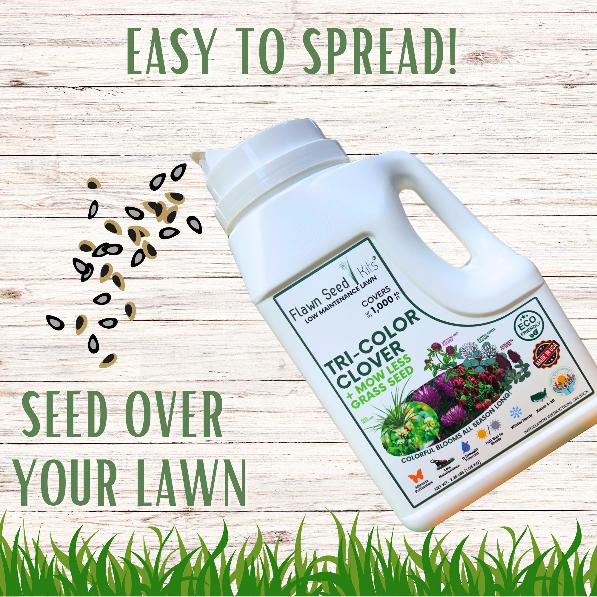 🌿 TRI‑Color Clover + Mow Less Grass Seed – Pollinator‑Friendly Lawn Solution
