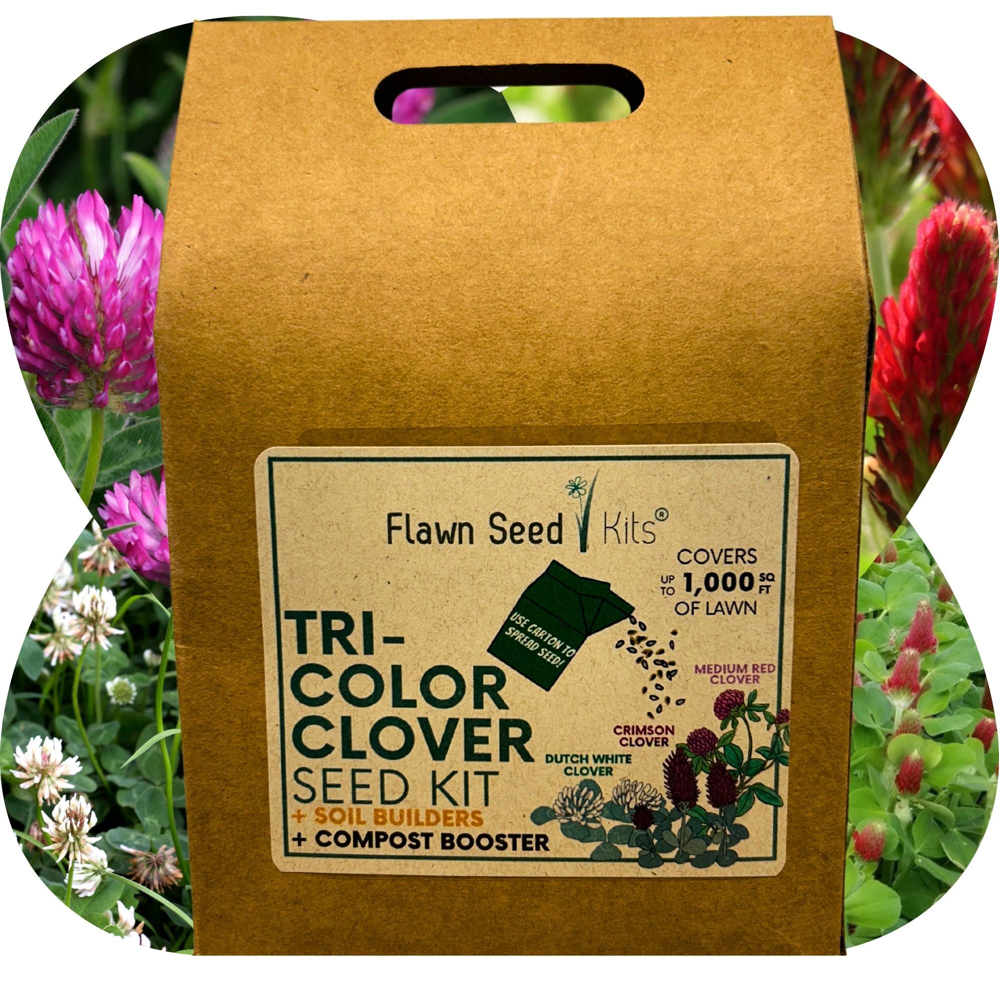 Flawn Seed Kits Tri-Color Clover Seed Kit packaging with clover flowers in the background