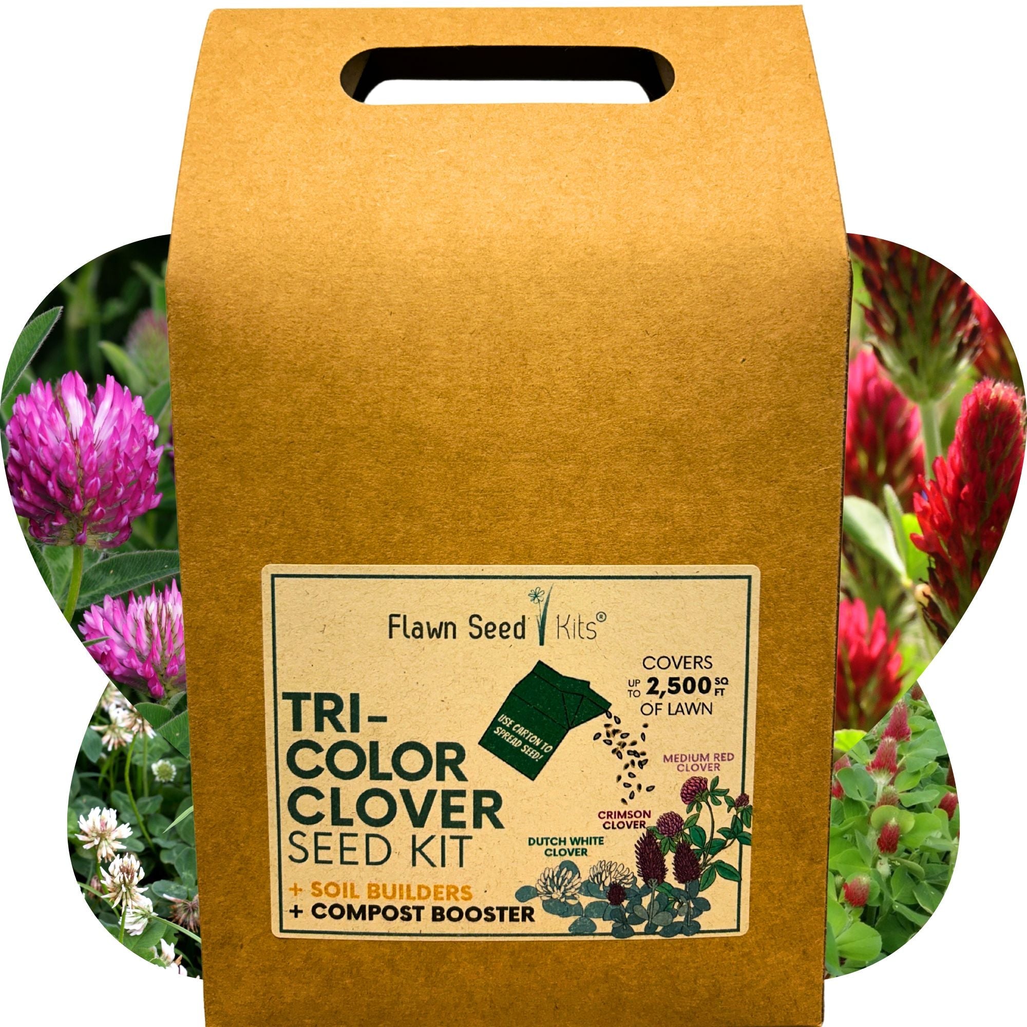 Tri-color clover seed kit packaging with floral background