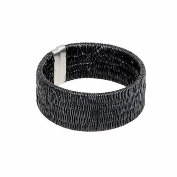 Solid Cuff bracelet in black with woven palm leaf and sterling silver tips