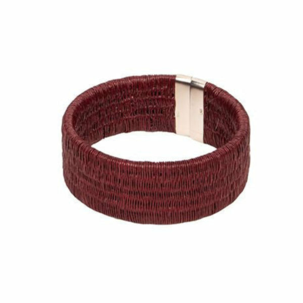 Solid Cuff bracelet in bordeaux woven sustainable palm leaf with sterling silver tips