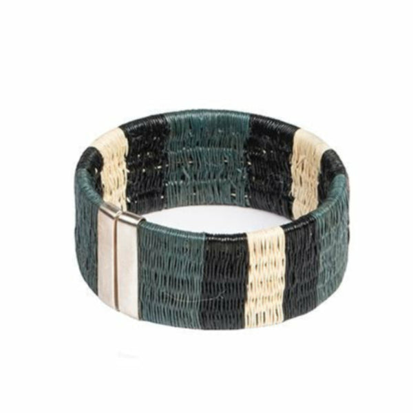Striped sustainable palm leaf cuff bracelet with sterling silver tips, grey tones, 1 inch wide