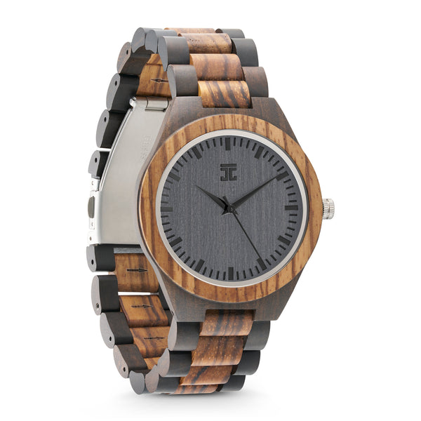 Wooden watch with a gray face and band on a white background