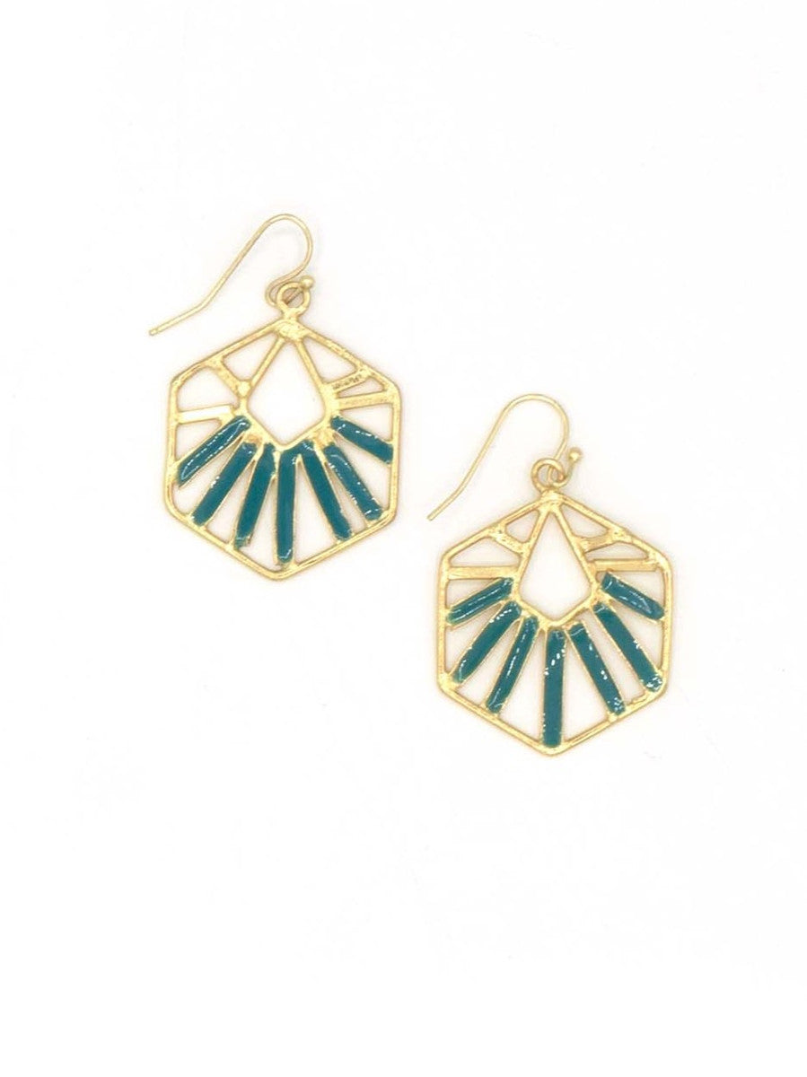 Teal and gold starburst earrings by Fair Anita, handcrafted from brass-plated recycled metal with enamel finish