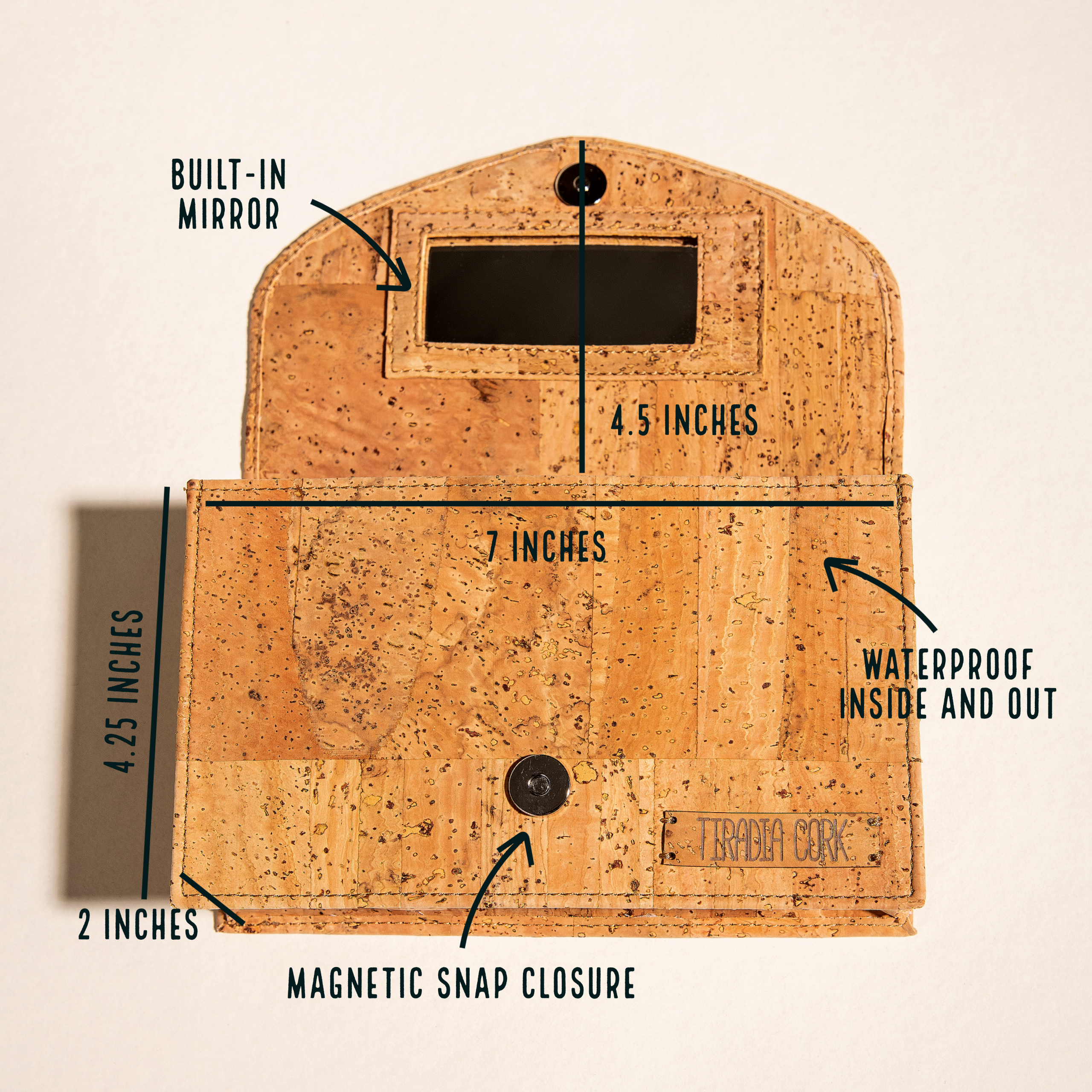Cork pouch with measurements and features on a beige background