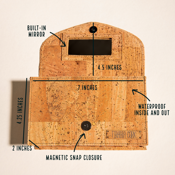 Cork pouch with measurements and features on a beige background