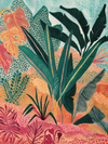 Colorful illustration of tropical leaves with a textured background
