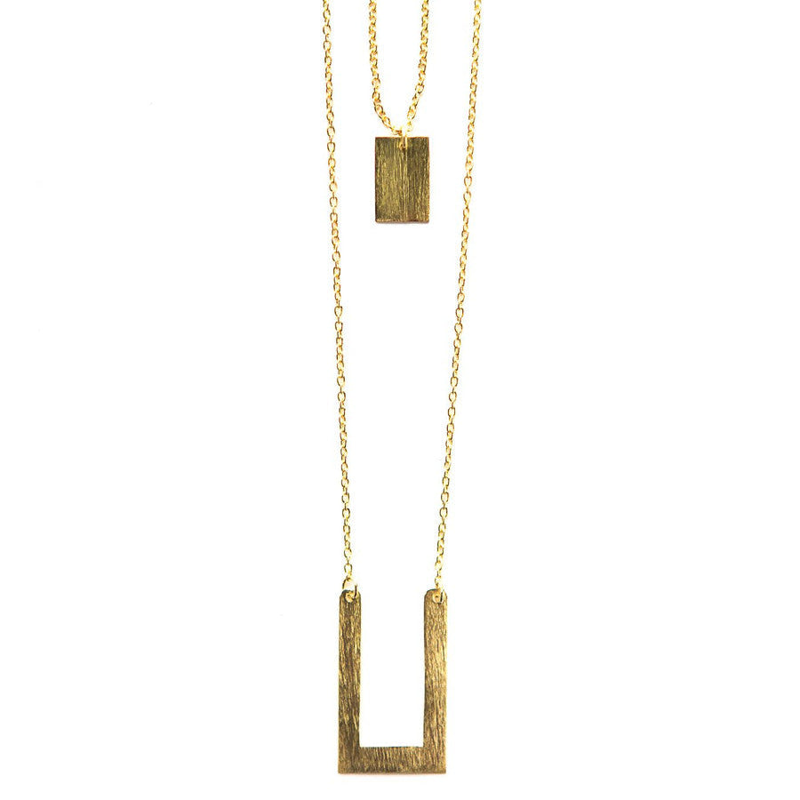 Tetris geometric double strand brass necklace with interlocking geometric charms by Fair Anita
