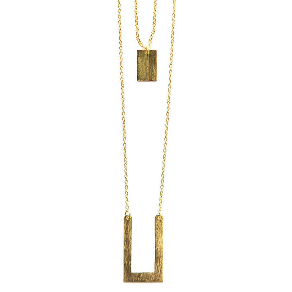 Tetris geometric double strand brass necklace with interlocking geometric charms by Fair Anita