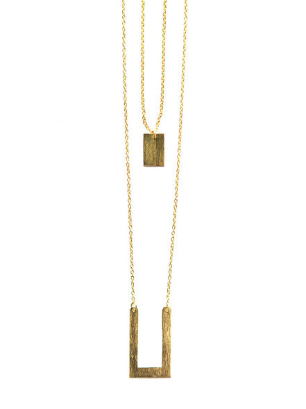 Tetris geometric brass layered necklace — nickel-free recycled metal by Fair Anita